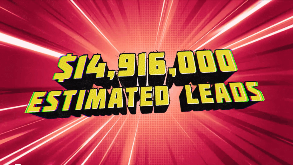 Rod McDee Case Study Thumbnail: The text "$14,9160,000 Estimated Leads" is center screen, in bold yellow text with a contrasting black shadow. White and black highlights radiate from the center of the yellow text over a red background.
