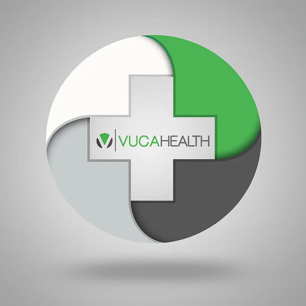VUCA Health logo with cross and circular design featured in Skystorm promotional video on FOX 35