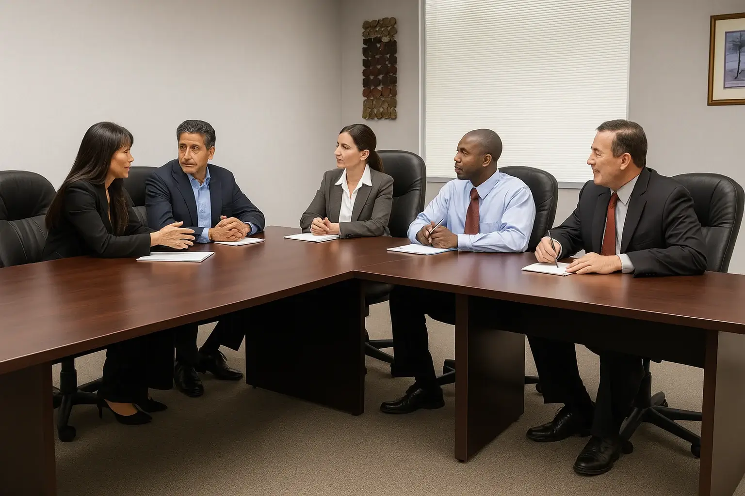 Diverse group of professionals engaged in a corporate training discussion in a modern conference room.