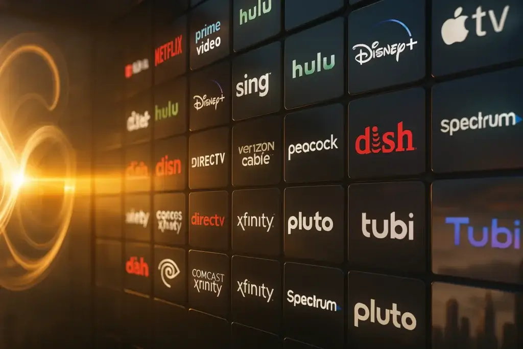 A digital display of popular video streaming and cable service logos including Netflix, Hulu, Disney+, Prime Video, Peacock, Tubi, and Xfinity, showcasing diverse multi-stream video platforms.