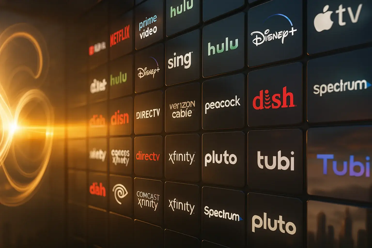 A digital display of popular video streaming and cable service logos including Netflix, Hulu, Disney+, Prime Video, Peacock, Tubi, and Xfinity, showcasing diverse multi-stream video platforms.
