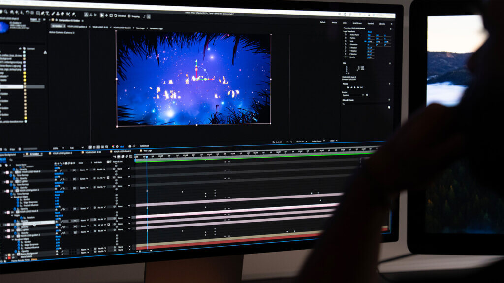 Post Production - Service listing Video editing interface showing timeline, color grading and motion graphics in post-production
