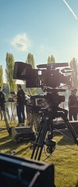 Outdoor Film Crew Capturing Lakeside Commercial Scene Film crew with professional cameras shooting a commercial by a lakeside on a sunny day
